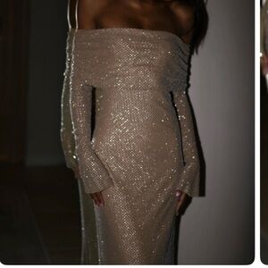 Meshki Gold Off-Shoulder Long Sleeve Dress